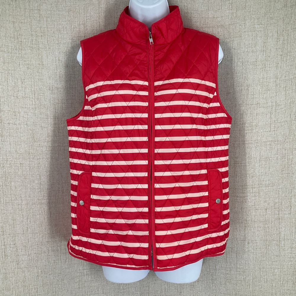 Talbots Quilted Vest Women Medium Red White Striped Zip Up Preppy Classic Puffer